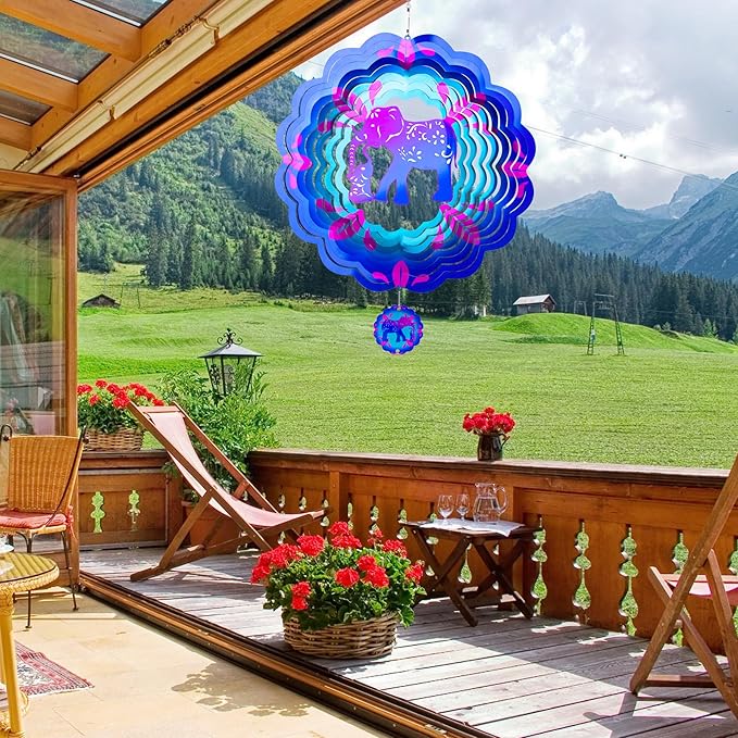 12 inch Elephant 3D Stainless Steel Wind Spinners, Hanging Garden Spinner Kinetic Art Garden Decorations, Reflective Wind Sculpture for Indoor/Outdoor Decor-Ruum Studio Home