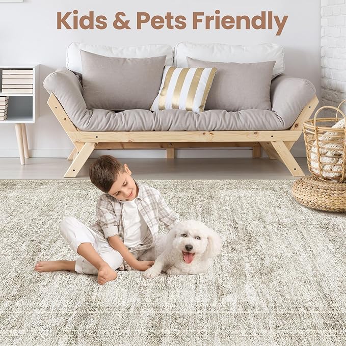 Washable Area Rugs for Living Room -5x7 Neutral Vintage Distressed Floral Farmhouse Boho Large Soft Floor Rug Indoor Non Slip Carpet for Living Room Bedroom Dining Room Office-Beige-Ruum Studio Home