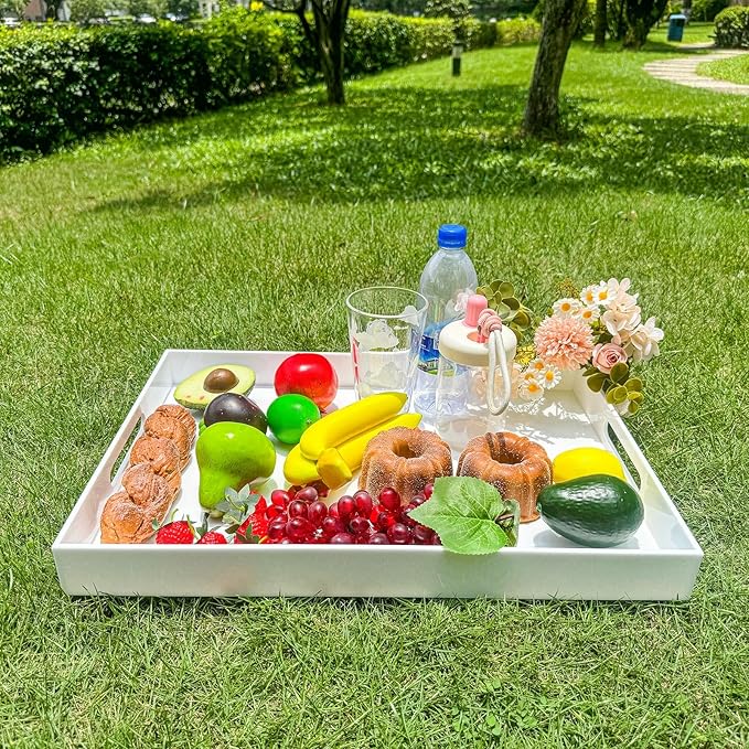 White Rectangular 14x20 Inches Acrylic Ottoman Tray Decorative Serving Tray with Cutout Handles Organizer Tray on Coffee Table Countertop Big Breakfast Bed Tray Living Room Appetizer Serving Food-Ruum Studio Home