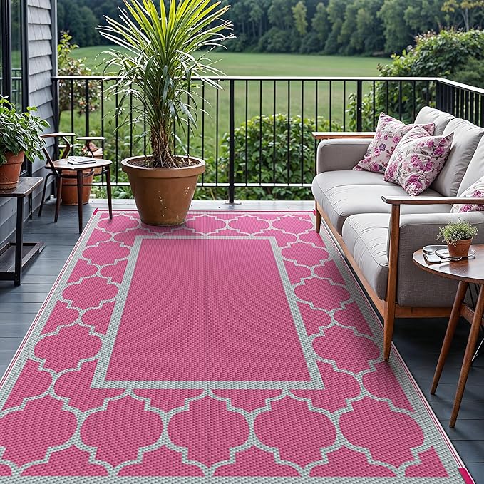 GENIMO 6' x 9' Outdoor Rug Waterproof for Patio Decor, Foldable Reversible Plastic Straw Area Rugs Mat for Camper, Outside Carpet for Rv, Deck, Porch, Picnic, Beach, Balcony, Pink & Grey-Ruum Studio Home