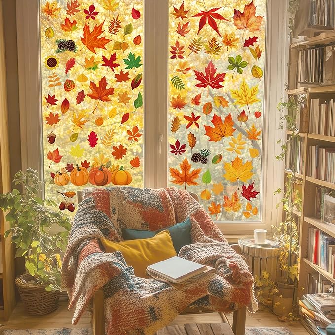 9 Sheets Fall Decorations, 274 PCS Fall Window Clings, Double Sided Autumn Stickers with Maple Leaves Pumpkin Nuts, Autumn Window Clings for Party Thanksgiving Decor Indoor Outdoor Accessories-Ruum Studio Home