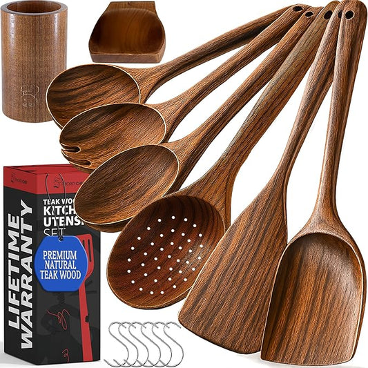 PriorityChef Premium Wooden Spoons for Cooking - 6pc with Utensil Holder, Spoon Rest and Hanging Hooks, Smooth Finish Teak Wooden Utensil Set, Heat-Resistant & Nonstick Safe, Ideal for Gifting-Ruum Studio Home
