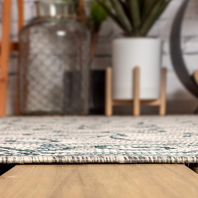 JONATHAN Y Vintage Filigree Indoor Outdoor Square Area Rug 5X5 Gray/Teal, Charleston Textured Weave for Backyard, Patio, Porch, Easy-Cleaning, High Traffic, Pet-Friendly, Non-Shedding (SMB106E-5SQ)-Ruum Studio Home