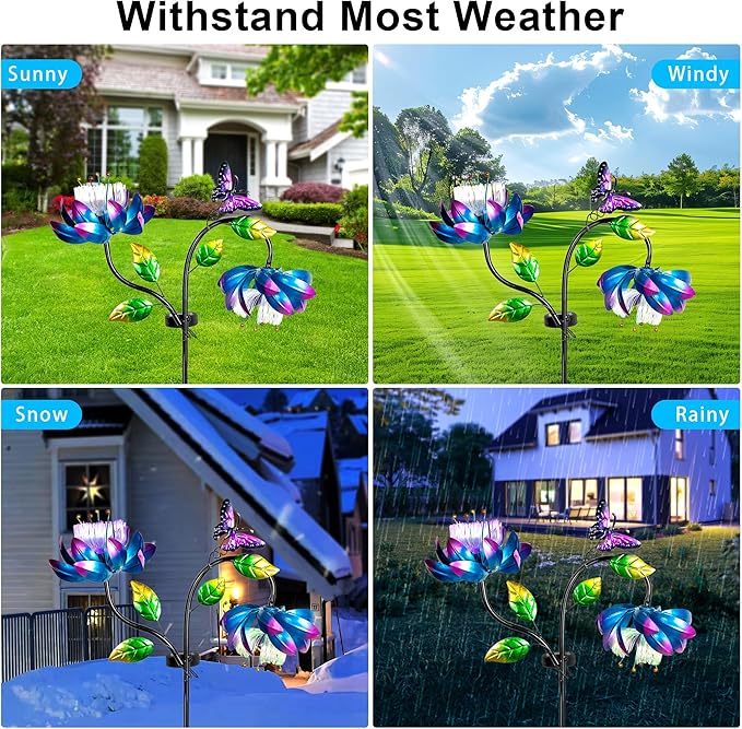 50'' Solar Powered Kinetic Wind Spinner Sculpture Blue Lotus Metal Stake Spinner for Patio, Lawn and Garden Decor Weather Resistant Outdoor Art with Dual Lotus with Butterfly Design-Ruum Studio Home