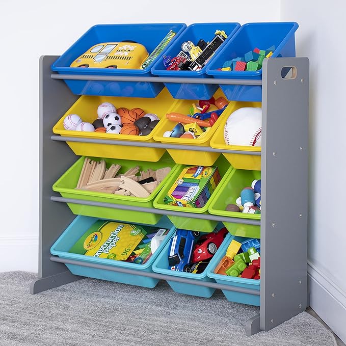 Humble Crew Kids Toy Storage Organizer with 12 Plastic Bins, Grey/Blue/Green/Yellow – Removable Bins for Playroom, Bedroom, Toddler Furniture for Boys and Girls Ages-Ruum Studio Home