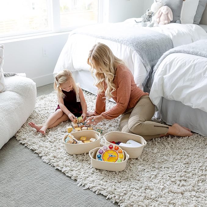 NaturalCozy 5-Piece Rectangle Storage Basket Set- Natural Cotton Rope Woven Baskets for Organizing! Small Basket for Montessori, Baby Nursery, Dog Toy Baskets, Cat Toy Box, Bathroom Organization Bin-Ruum Studio Home