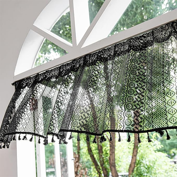 Sutuo Home Boho Valance Curtains for Kitchen Crochet Lace Sheer Bohemian Hollow Knitted with Tassels, Privacy Vintage Rustic Gothic Farmhouse Drapes, Rod Pocket 1 Panel 59" W x 18" L, Black-Ruum Studio Home