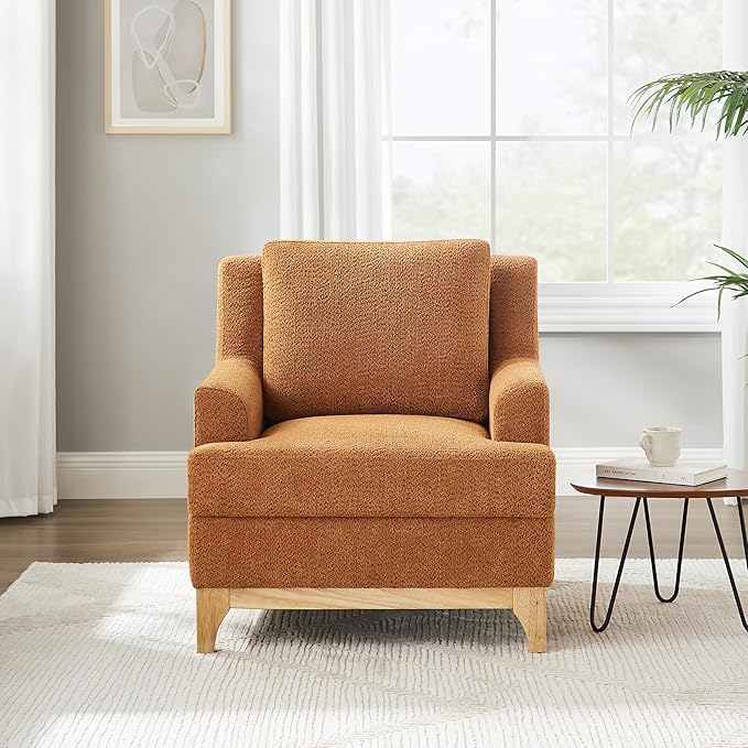Oversized Accent Chair, Modern Boucle Armchair with Wood Legs, Modern Reading Chair with Thick Cushion, Comfy Chairs for Living Rooms, Bedrooms, Reading nooks and Apartments-Ruum Studio Home
