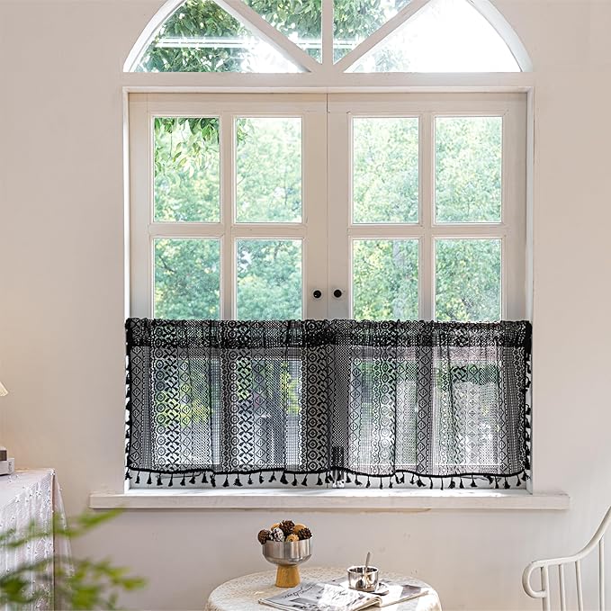 Sutuo Home Black Boho Valance Curtains Crochet Lace Sheer Bohemian Hollow Knitted with Tassels, Privacy Vintage Mid Century Farmhouse Tier for Kitchen, Rod Pocket 1 Panel,59" W x 36" L-Ruum Studio Home