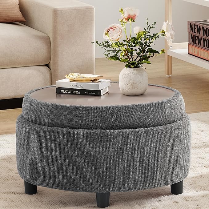 COLAMY Fabric Round Storage Ottoman with Reversible Tray Lid – Multi-Functional Footrest, Hidden Storage, Sturdy & Stylish Small Coffee Table for Living Room, Bedroom, or Entryway(Dark Grey)-Ruum Studio Home