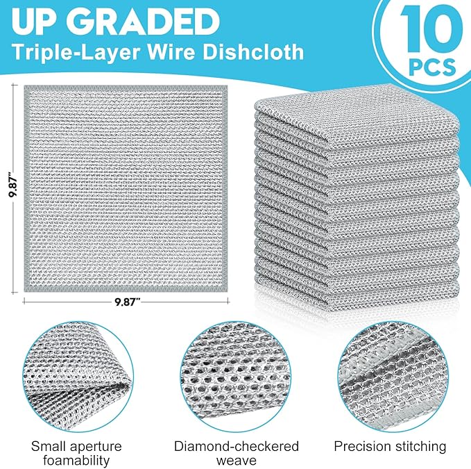 10 Pcs New Upgraded 3 Layers Non Scratch Wire Dishcloth, Multipurpose Wire Dishwashing Rags, Wet & Dry for Cookware, Sinks, Dishes, Stoves & Fireplaces 9.87“ x 9.87”-Ruum Studio Home