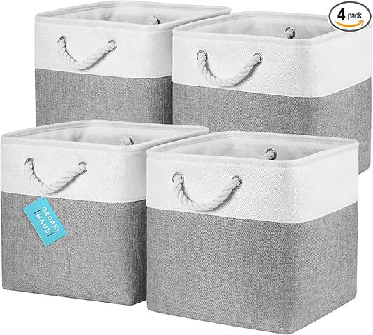 OrganiHaus 12x12 Cube Storage Bins 4 Pack, Foldable Cube Storage Organizer w/ Rope Handles, Collapsible Fabric Bins for Toys, Clothes & Closet Organization, Fabric Square Baskets - Gray/White-Ruum Studio Home