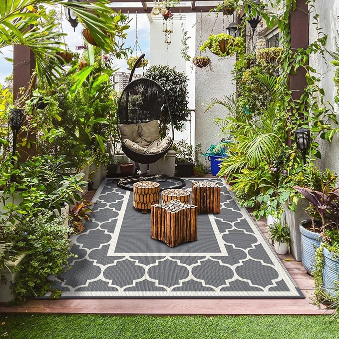 GENIMO 5 ' x 8 ' Outdoor Rug for Patio, Waterproof Indoor Outdoor Plastic Straw Rugs Carpet, Reversible Outside Area Mat for Camping, Balcony Porch, Deck, Picnic, Beach Grey & Beige White-Ruum Studio Home