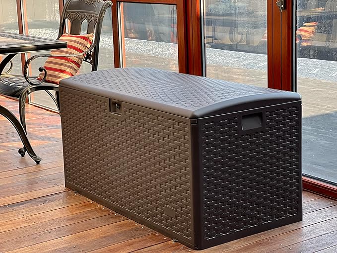 73 Gallon Large Storage Box with Lid,Waterproof Outdoor Storage Container for Patio Furniture Cushions, Gardening Tools, Pool Accessories, Lockable Resin Deck Box with handle Brown-Ruum Studio Home
