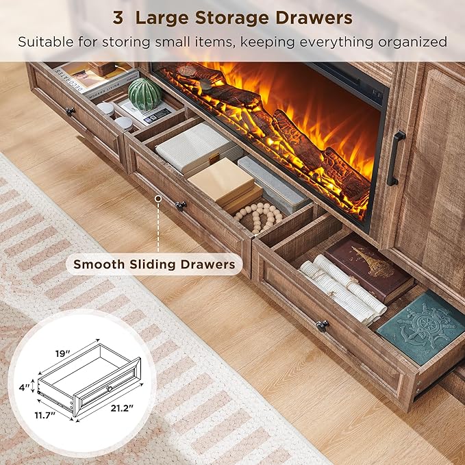 Fireplace TV Stand for 80 Inch TV, 35.7" Tall Farmhouse Entertainment Center W/36'' Electric Fireplace, Media Console with Large Storage Cabinets and Drawers for Living Room, Light Brown-Ruum Studio Home