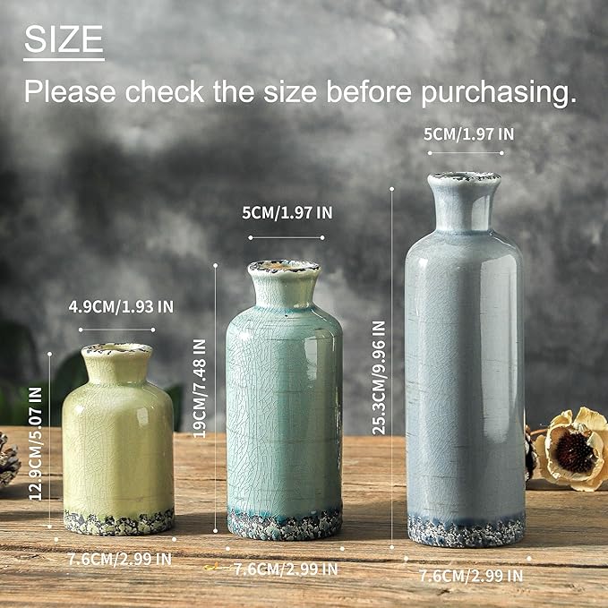 Flower Vase Set of 3, Ceramic Neutral Vases Home Decor, Pottery Rustic Farmhouse Decorative Vases Modern Decor for Table Mantel Entryway Bookshelf Living Room Kitchen Bedroom - Multicolor-Ruum Studio Home