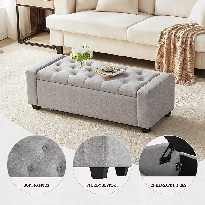 48" Ottoman with Storage, Storage Ottoman Bench with Safety Hinge, Upholstered Entryway Bench with Seating for Bedroom, Living Room, Holds up to 330 lb(Light Gray)-Ruum Studio Home