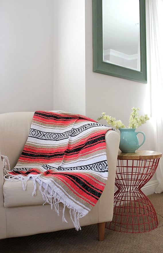 Del Mex Classic Mexican Blanket, Large Authentic Woven Falsa Throw (70"x50"), Artisan Southwest Décor for Beach, Yoga, Outdoors (Pink/Tan)-Ruum Studio Home