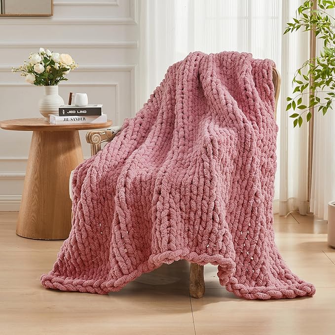 Carriediosa Chunky Knit Throw Blanket 50" X 60", 100% Hand Made Large Chenille Loop Yarn Soft Fluffy Throws for Couch Sofa Bed, Big Crochet Cozy Heavy Thick Cable Woven Blanket, Mauve-Ruum Studio Home