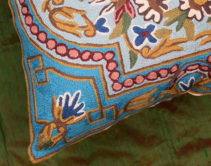 Turquoise Floral Pillow Cover Traditional Blue Flower Pillowcase Traditional Outdoor Cushion Suzani Flower Throw Florals Chair Farmhouse Hand Embroidered Cushions Wool 18x18 Inch-Ruum Studio Home