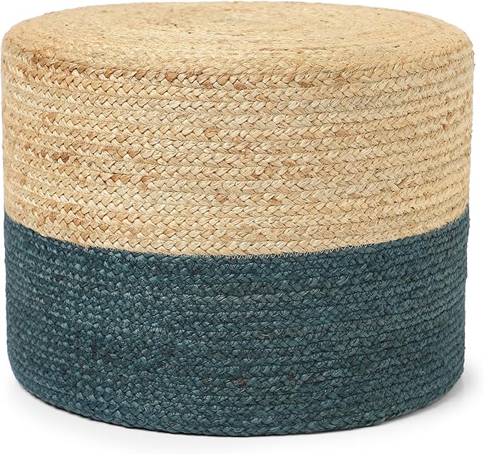 REDEARTH · Cylindrical Pouf Foot Stool Ottoman - Jute Braided Pouffe Poof Accent Sitting Footrest for Living Room, Bedroom, Nursery, Patio, Lounge & Other Rooms (Natural Teal, 18"x18"x14")-Ruum Studio Home