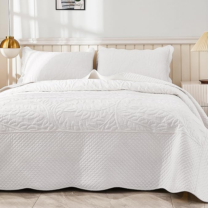 MarCielo 3-Piece 100% Cotton Oversized Bedspread Lightweight Quilt Coverlet Embroidery Farmhouse Bedding Set T0 (Bright White, Oversized King (118"x106"))-Ruum Studio Home