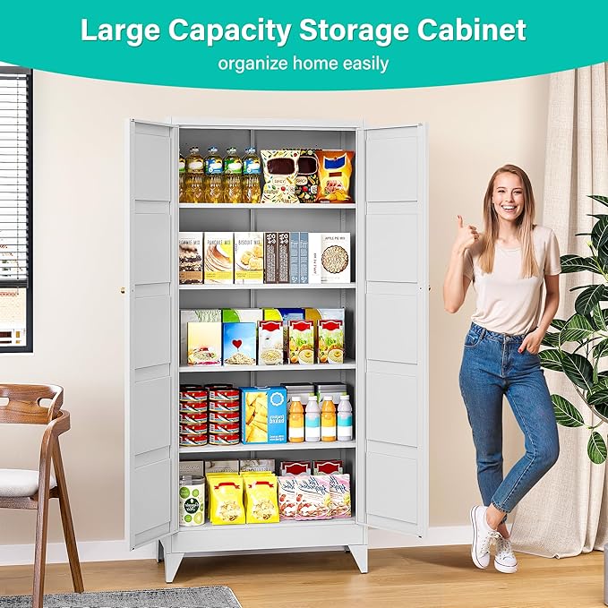 Wide & Deep Metal Storage Cabinet with 2 Doors and 5 Shelves,72 inch Tall Pantry Storage Cabinet,Large Cupboard Closet,White Cabinets for Home,Kitchen,Bathroom,Dining/Living Room-Ruum Studio Home
