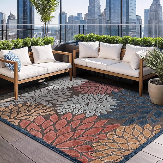 Beverly Rug Outdoor Rug 9x12 Large Modern Floral Tropical Area Rugs for Indoor and Outdoor Patio Easy to Clean Non Shedding Living Room Porch Garden Washable Outside Carpet (9 x 12 Brown)-Ruum Studio Home