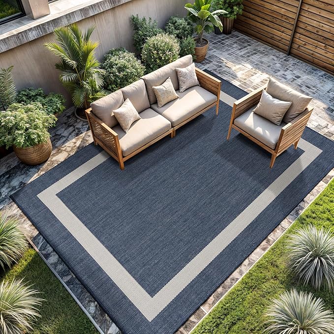 CAMILSON Outdoor Rug 9x12, Large Modern Outside Rugs for Patios Porches Waterproof Durable Washable Non-Shedding, Easy-to-Clean Indoor Outdoor Area Carpet (9 x 12, Bordered - Blue/White)-Ruum Studio Home