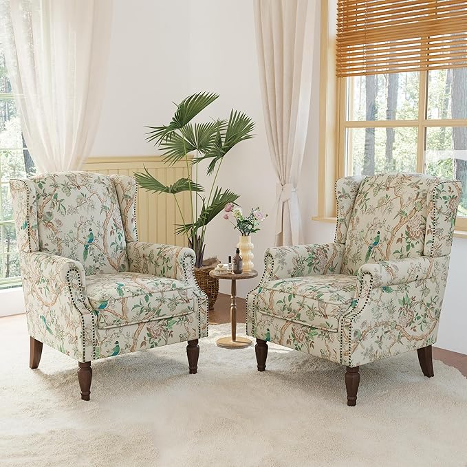 Lumibee Wingback Accent Chair, 2 Set High Back Floral Armchairs in Fabric,Comfy Upholstered Reading Single Sofa Chairs with Solid Wood Legs for Living Room,Bedroom,Office-Bird-Ruum Studio Home