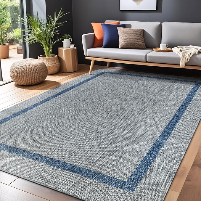 Bordered Outdoor Rug 8x10 Washable Outside Carpet for Indoor Patio Porch Waterproof Easy Cleaning Non Shedding Area Rugs Silver Gray - Blue 8 x 10-Ruum Studio Home