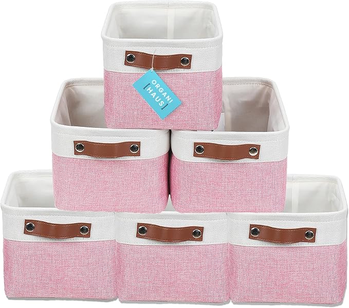 OrganiHaus Small Fabric Storage Baskets for Shelves 6 Pack, 12x8in Closet Storage Bins for Shelves, Cloth Baskets for Organizing, Linen Closet Organizers, Fabric Basket, Pink/White-Ruum Studio Home
