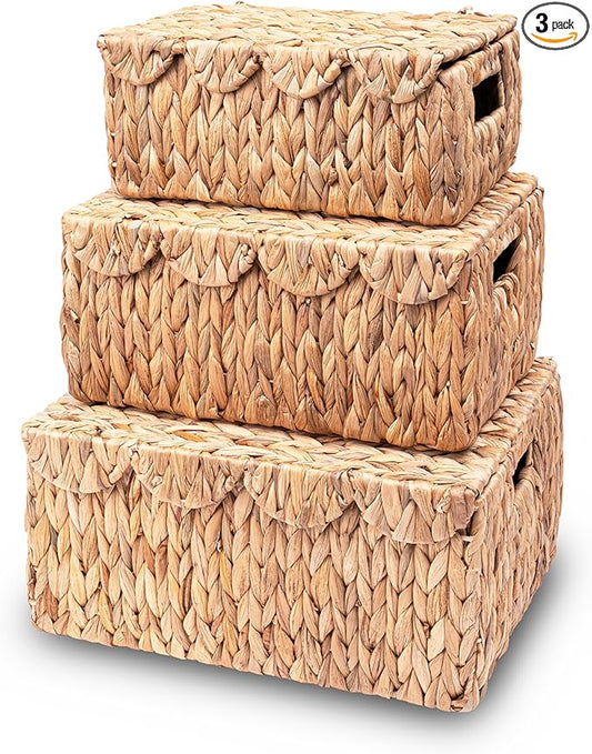 Set of 3 Scalloped Edge Wicker Basket with Lid, Rectangle Wicker Storage Basket with Built-in Handles, Multipurpose Organizer Rattan Display Boxes for Shelf, Nursery Room-Ruum Studio Home