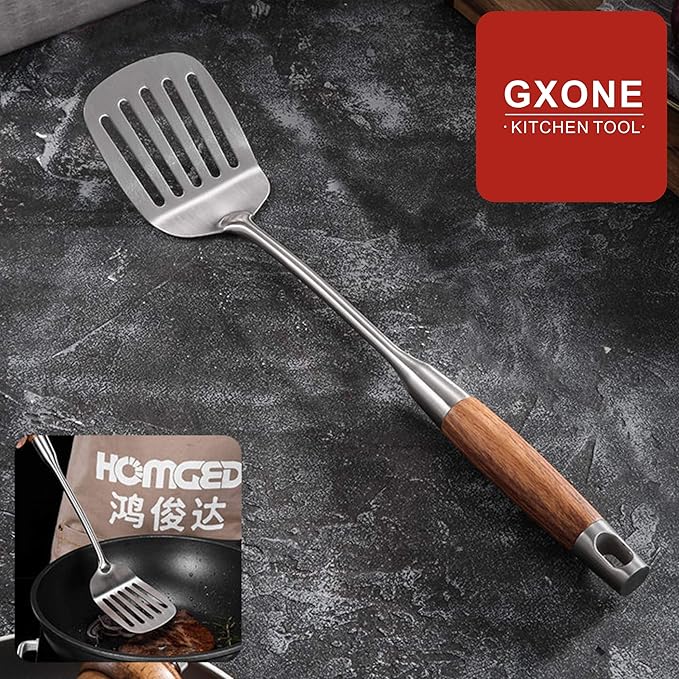 Metal Spatula,304 Stainless Steel Wok Spatula with Heat Resistant Wooden Handle,Silver/15.7Inch-Ruum Studio Home