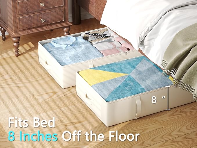 2-Pack Under Bed Storage Containers, 8 Inches Tall Underbed Clothes Storage Organizer Bin with Sturdy Sidewalls/Bottom, Under the Bed Storage Bags 2 Storage Bins, Beige-Ruum Studio Home