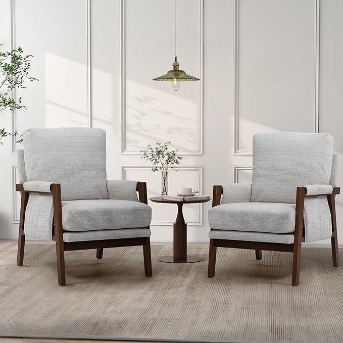 Modern Accent Chair for Living Room Mid Century Arm Chair Upholstered Bedroom Chair Comfy Lounge Chair with Solid Wood Frame, White-Ruum Studio Home