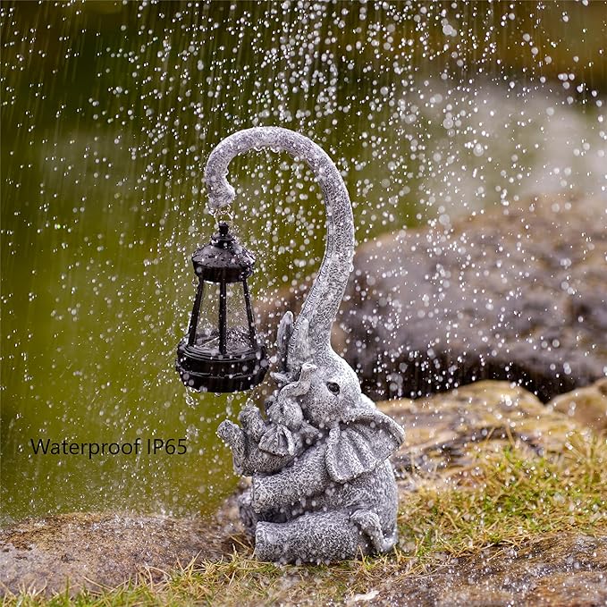Elephant Outdoor Statues with Cute Baby Garden Decor, Resin Elephant Figurines with Solar Lantern Outdoor Decoration Gifts for Mothers Day, Birthday Day-Ruum Studio Home