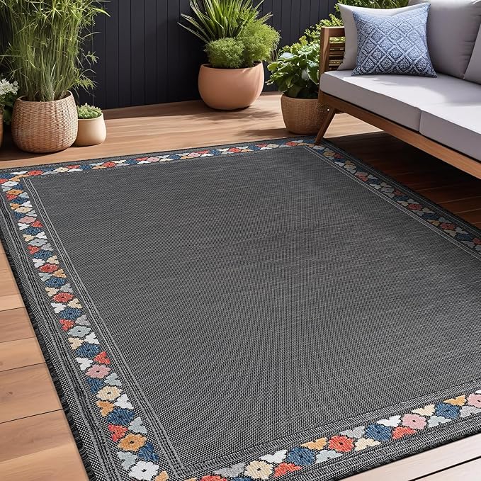 Beverly Rug Outdoor Rug 9x12 Modern Bordered Large Area Rugs for Indoor and Outdoor Patio Easy to Clean Non Shedding Living Room Porch Garden Washable Outside Carpet (9 x 12 Dark Gray)-Ruum Studio Home