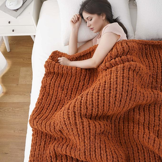 Battilo Chunky Knit Throw Blanket, Soft and Thick Chenille Throw Blanket, 50"x60" Handmade Cable Knit Crochet Blanket, Large Rope Knot Throw Blankets for Couch Sofa Bed Home Decor, Caramel-Ruum Studio Home