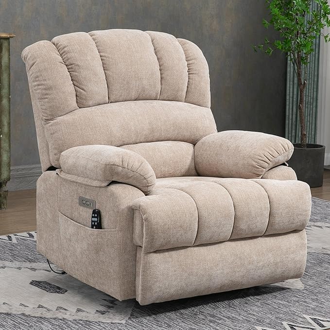 Large Power Lift Recliner Chair with Massage and Heat for Elderly, Ergonomic Backrest, Infinite Adjust, 2 Side Pockets,USB and Type-C Ports, Chenille Beige-Ruum Studio Home