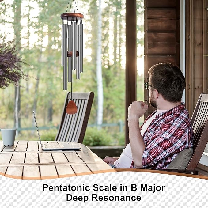 Large Aluminium Wind Chimes 37 Inches to Create a Zen Atmosphere Suitable for Outdoor, Garden, Patio Decoration. Classic Wind Chimes with Wind Catcher Suitable as A Gift for Unisex,Silver Grey-Ruum Studio Home