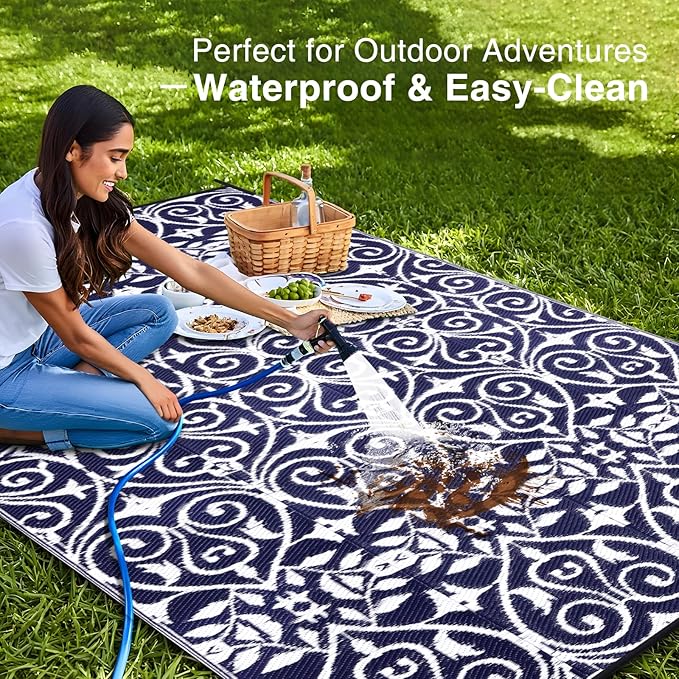 OLANLY Outdoor Rug Waterproof 8x10 ft Clearance, Reversible Outdoor Plastic Straw Rug with Floral Pattern, RV Mat for Patio, Camping, Balcony, Deck, Backyard, Navy & White-Ruum Studio Home