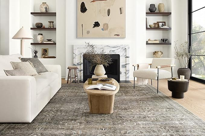 Loloi Layla Collection LAY-13 Antique/Moss 9'-6" x 14' .13" Thick Area Rug, Soft, Durable, Vintage Inspired, Distressed, Low Pile, Non-Shedding, Easy Clean, Printed, Living Room Rug-Ruum Studio Home