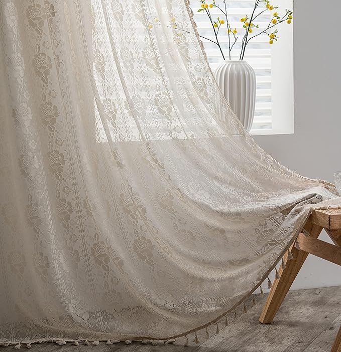 Sutuo Home Beige Boho Curtains for Bedroom Kid's Room,Bohemian Crochet Floral Embroidery Sheer Lace Curtains With Tassels Vintage Rustic Window Treatment Country Drape Rod Pocket 1 Panel 59" W x 90" L-Ruum Studio Home
