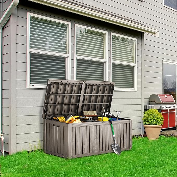 180 Gallon Lockable Resin Deck Box, Waterproof & UV-Resistant Outdoor Storage Box for Outdoor Cushion Storage, Garden Tools & Pool Accessories Storage, Gray-Ruum Studio Home