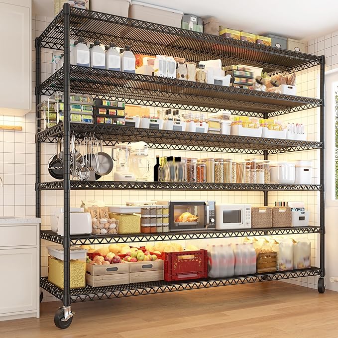 REIBII 60''W X 82.6" H Steel Heavy Duty Wire Shelving Unit with Wheels, 6-Tier Adjustable Storage Shelves 3598LBS Commercial Metal Shelves for Pantry, Garage, College Dorm School Industrial Shelving-Ruum Studio Home