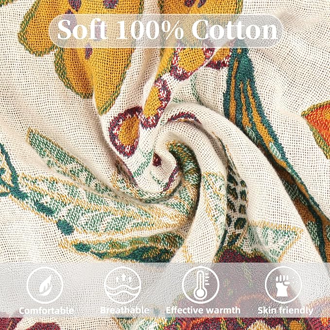 Boho Throw Blanket for Bed - 100% Pure Cotton Ultra Soft Rustic Quilt - Farmhouse Decor Bed Blankets, All Season Rustic Throw for Sofa Couch Chair(80''x 90'', Floral Blossom)-Ruum Studio Home