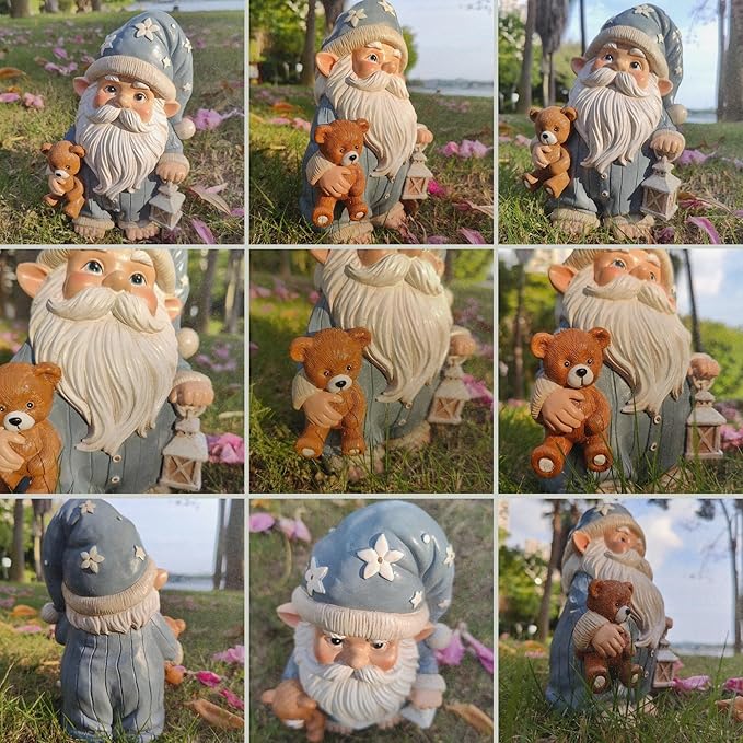 Sleepy Garden Gnome with Teddy Bear & Lantern - 9" Weatherproof Resin Statue - Indoor Outdoor Decor - Whimsical for Home, Patio & Lawn-Ruum Studio Home