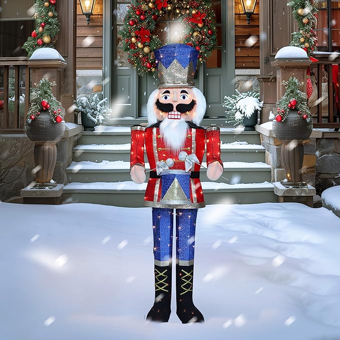 5FT Lighted Nutcracker with Drum for Christmas Decoration, Pre-Lit 3D Iridescent Soldier Xmas Decor with 100 Warm White Lights, Glittered Standing Holiday Display for Outdoor, Indoor-Ruum Studio Home