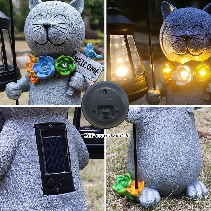 Solar Cat Garden Statues Outdoor Décor with Lantern- Cat Figurines Solar LED Light Lawn Ornaments - Yard Decorations for Patio, Balcony, Backyard -Unique House Warming Gifts for Mom-Ruum Studio Home